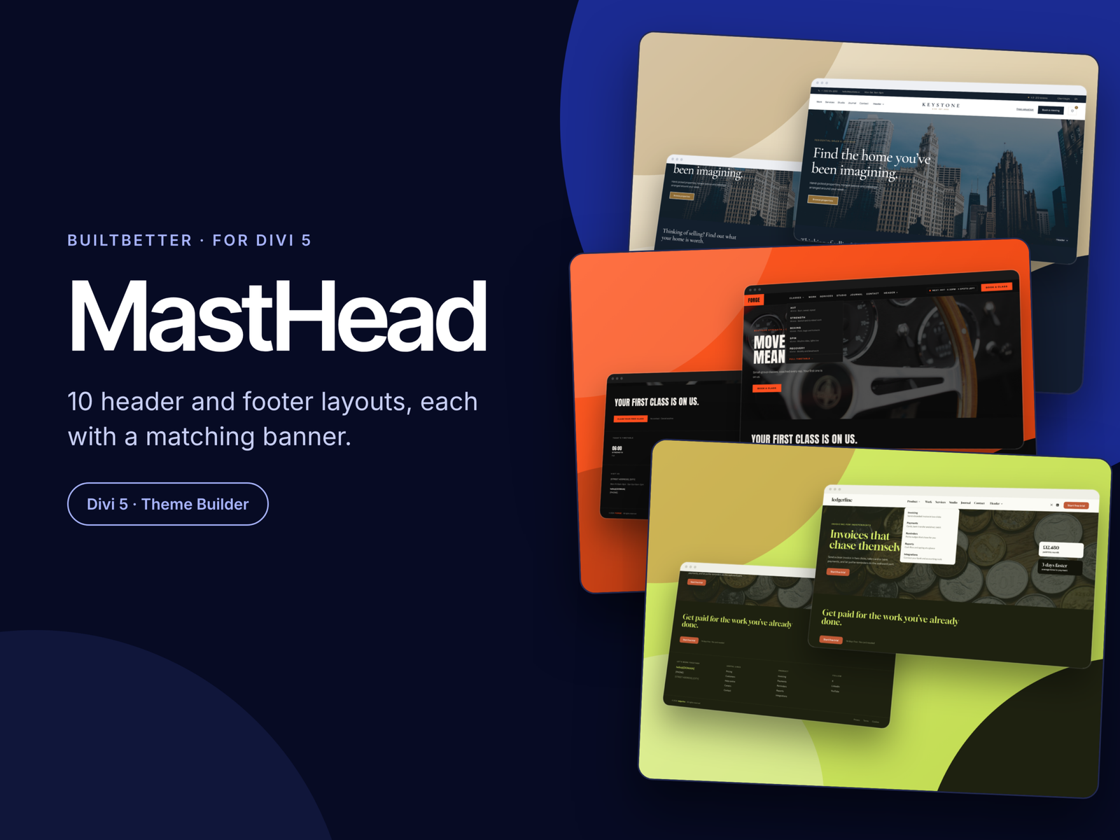 Masthead: ten header and footer layouts for Divi 5, each with a matching banner